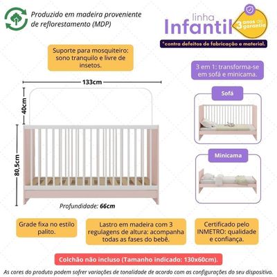 Berço 3 Em 1 Para Colchão 60 X 130 Cm Multimóveis Mp0527g - Rosa/branco
