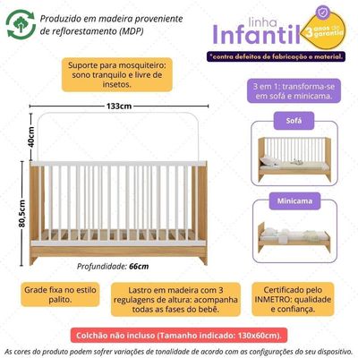 Berço 3 Em 1 Para Colchão 60 X 130 Cm Multimóveis Mp0527g - Madeirado/branco