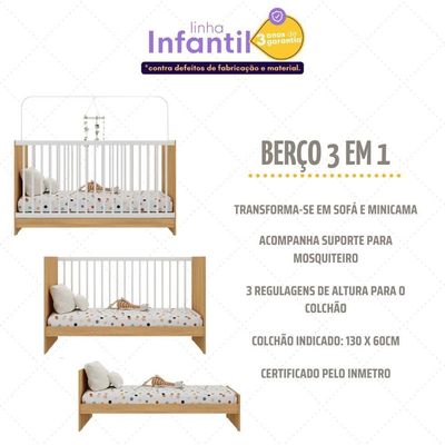 Berço 3 Em 1 Para Colchão 60 X 130 Cm Multimóveis Mp0527g - Madeirado/branco