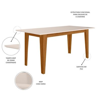 Mesa de Jantar Retangular Poliman Goya com Tampo de Vidro e 6 Cadeiras Revestidas em Suede Freijó/Marfim