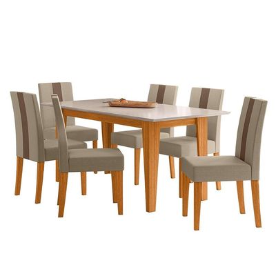 Mesa de Jantar Retangular Poliman Goya com Tampo de Vidro e 6 Cadeiras Revestidas em Suede Freijó/Marfim