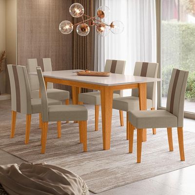 Mesa de Jantar Retangular Poliman Goya com Tampo de Vidro e 6 Cadeiras Revestidas em Suede Freijó/Marfim