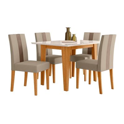Mesa de Jantar Retangular Poliman Belle com Tampo de Vidro e 4 Cadeiras Revestidas em Suede Freijó/Marfim