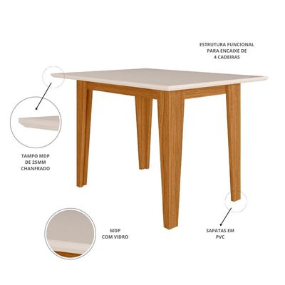 Mesa de Jantar Retangular Poliman Belle com Tampo de Vidro e 4 Cadeiras Revestidas em Suede Freijó/Marfim