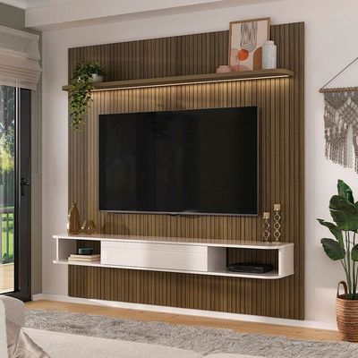Painel Belluno Artely para TV de até 75 Polegadas com 1 Prateleira e 2 Nichos Pinho Ripado/Off White