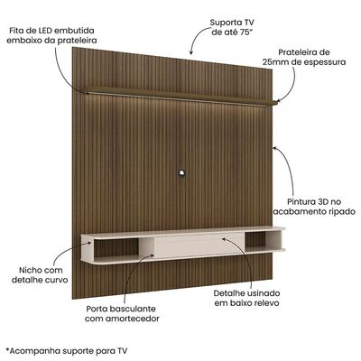 Painel Belluno Artely para TV de até 75 Polegadas com 1 Prateleira e 2 Nichos Pinho Ripado/Off White
