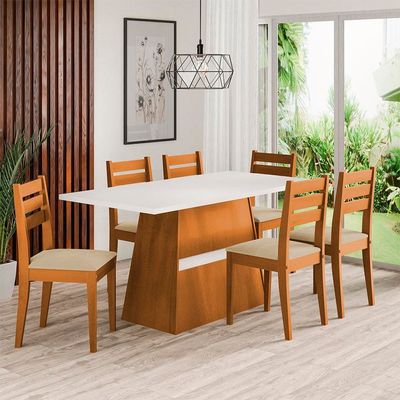 Mesa de Jantar Retangular Dobuê Dakar com 6 cadeiras estofadas 80cm de largura Cinamomo/Branco/Bege