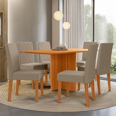 Mesa de Jantar Retangular Poliman Helo com 6 Cadeiras Revestidas em Suede 160cm de Largura Freijó/Suede Bege