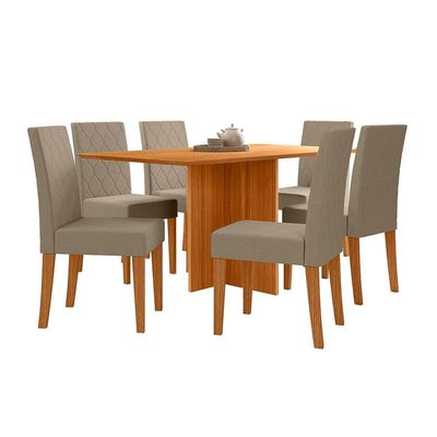 Mesa de Jantar Retangular Poliman Helo com 6 Cadeiras Revestidas em Suede 160cm de Largura Freijó/Suede Bege