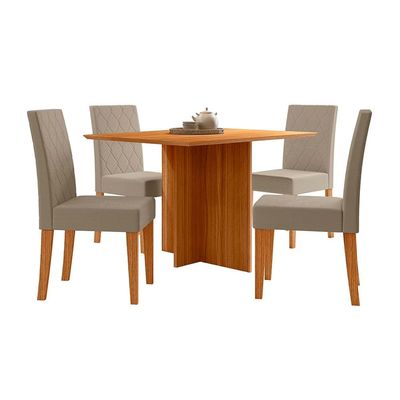 Mesa de Jantar Retangular Poliman Helo com 4 Cadeiras 120 cm de Largura Freijó/Suede Bege