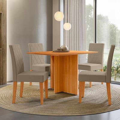 Mesa de Jantar Retangular Poliman Helo com 4 Cadeiras 120 cm de Largura Freijó/Suede Bege