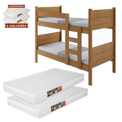 Beliche 100% Mdf Fortaleza - Duas Camas Solteiro Compacta E Moderna Amêndoa Com 2 Colchões