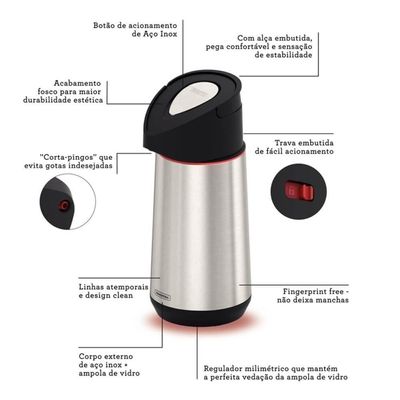 Garrafa Térmica Tramontina Exata Em Inox Com Ampola De Vidro 1,2 Litros