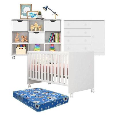 Berço Americano Doce Sonho 100 Com Rodízios E Cômoda 2561 Com Nicho Organizador 3 Gavetas Branco Brilho Com Colchão