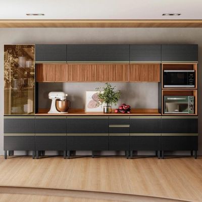 Cozinha Modulada Proença 8 Peças Com Cristaleira E Balcão 120cm Nogueira Touch/Carbono Prime Tx - Demartêz