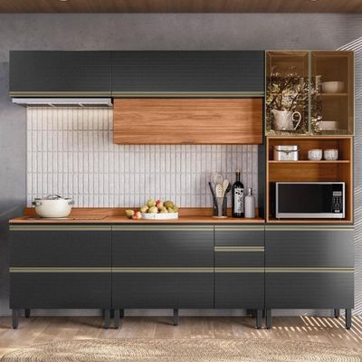 Cozinha Modulada Proença 5 Peças Com Paneleiro 1 Forno Nogueira Touch-carbono Prime Tx - Demartêz