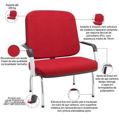 Cadeira De Escritório Recepção Com Braço Fixa Cromada Magno P03 Crepe Vermelho - Lyam Decor