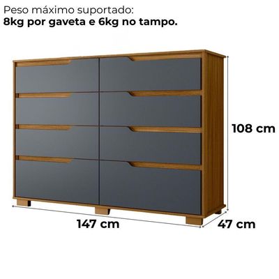 Comoda Georgia 8 Gavetas 147 Cm Moval Freijo Cinza Freijo Cinza