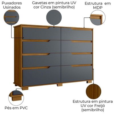 Comoda Georgia 8 Gavetas 147 Cm Moval Freijo Cinza Freijo Cinza