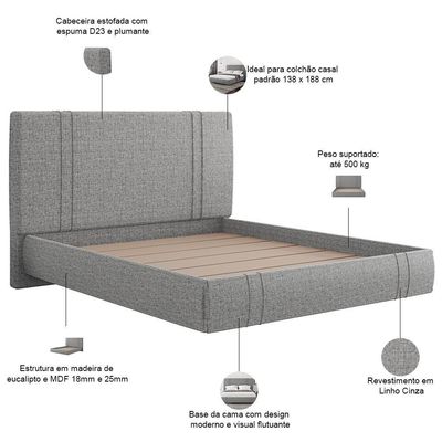 Cama Casal Flutuante Com Cabeceira 140cm Astra S04 Linho Cinza - Lyam Decor