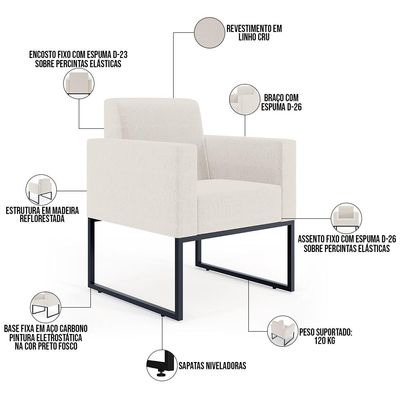 Kit 02 Poltronas Decorativas para Sala e Recepção Base Fixa De Metal Helô L02 Linho Cru - Lyam Decor
