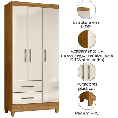 Guarda Roupa Solteiro Lima 3 Portas 182x82 Cm Freijo Off White Moval