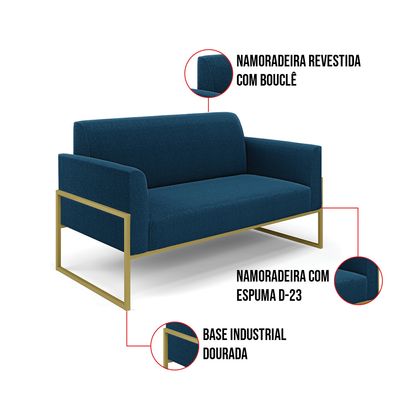 Sofá 2 Lugares Namoradeira Industrial Alta Dourado Marisa Bouclê Azul D03 - D'Rossi