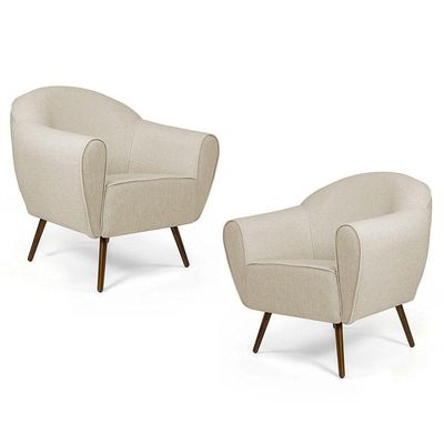 Kit 2 Poltronas Nina Pés Palito Madeira Linho Bege Domi