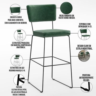 Kit 4 Banquetas Altas Cozinha Sala Jantar Base Em Aço Fixa Allana L02 Facto Verde Musgo - Lyam Decor