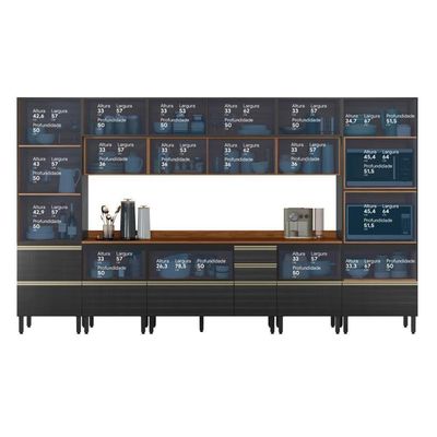 Cozinha Modulada Proença 8 Peças Com Cristaleira E Aéreo 120cm Nogueira Touch/Carbono Prime Tx - Demartêz