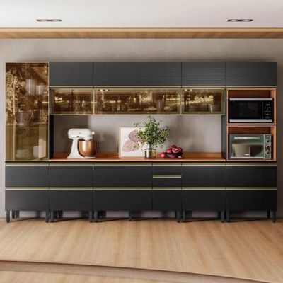Cozinha Modulada Proença 8 Peças Com Cristaleira E Aéreo 120cm Nogueira Touch/Carbono Prime Tx - Demartêz