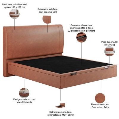 Cama Queen Baú Flutuante Com Cabeceira 160cm Spazio S04 Couríssimo Telha - Lyam Decor