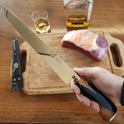 Faca Lâmina Dourada Gold 10' Churrasco Artesanal Aço Inox Gaúcha Cabo Madeira Resina