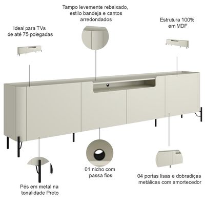 Rack Para Sala de Estar TV 75 Pol 4 Portas Pés Industrial Preto Alef I03 Luna - Lyam Decor