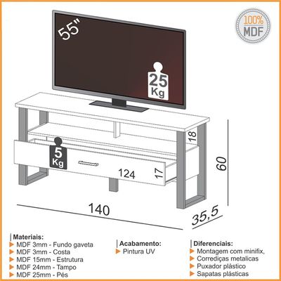 Rack Para Sala de Estar TV 55 Pol 1 Gaveta York D03 Freijó Preto Fosco - Lyam Decor