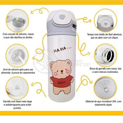 Garrafa Térmica De Ursinho Branca Infantil 420ml Com Trava De Tampa E Canudo De Silicone