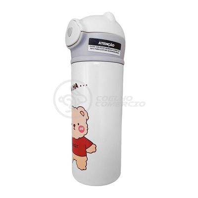 Garrafa Térmica De Ursinho Branca Infantil 420ml Com Trava De Tampa E Canudo De Silicone