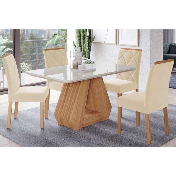 Sala De Jantar Completa ágata Tampo Madeirado C- Vidro 130x80cm E 4 Cadeiras Fernanda Nature-madeirado-suede Nude Bege - Cimol