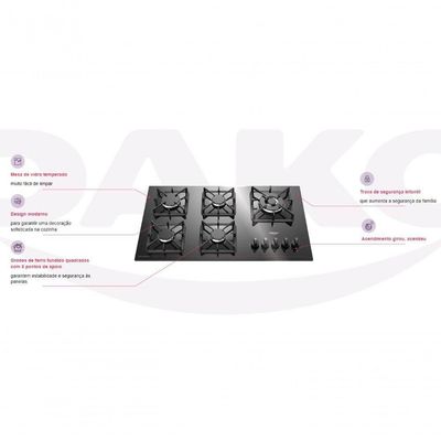Cooktop 5 Bocas Dako Diplomata Mesa De Vidro Preto Bivolt
