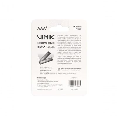 Pilha Recarregável Aaa C-4 - 900mah 1.2v - Vp3ab4r