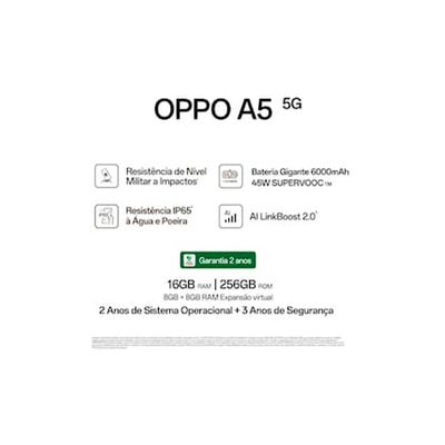 Smartphone OPPO A5 5G Tela 6.67 256GB 8GB RAM Câmera 50MP Branco / Bivolt
