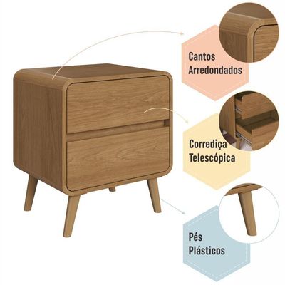 Kit Conjunto 02 Mesas De Cabeceira Canto Curvo Com 02 Gavetas E Pés Palito Retrô Carvalho Xingu