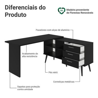 Mesa Para Computador Gamer Em L 3 Gavetas Preto Lisboa Madesa Preto