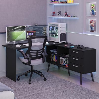 Mesa Para Computador Gamer Em L 3 Gavetas Preto Lisboa Madesa Preto