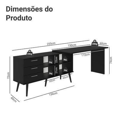 Mesa De Estudos Em L 3 Gavetas Preto Lisboa Madesa