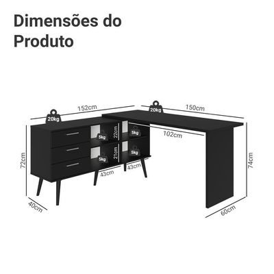 Mesa De Escritório Em L 3 Gavetas Preto Lisboa Madesa