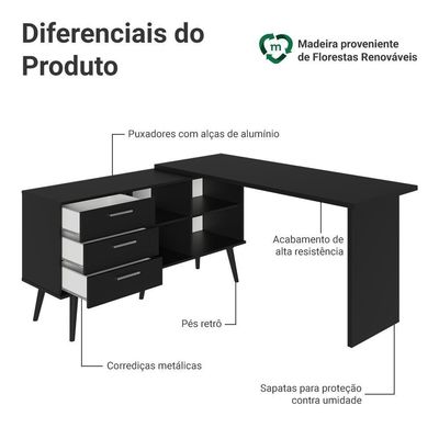 Mesa De Escritório Em L 3 Gavetas Preto Lisboa Madesa