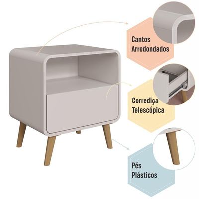 Kit Conjunto 02 Mesas De Cabeceira Canto Curvo Com Nicho 01 Gaveta E Pés Palito Retrô Bege Dunas