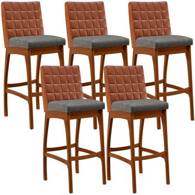 Kit 05 Banquetas Altas Sala De Jantar Fixa Mila B04 Couríssimo Camel Linho Cinza Escuro - Lyam Decor