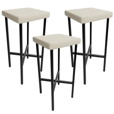 Kit 03 Banquetas Alta Bar Cozinha Sala De Jantar Preto Stella L02 Linho Champagne - Lyam Decor